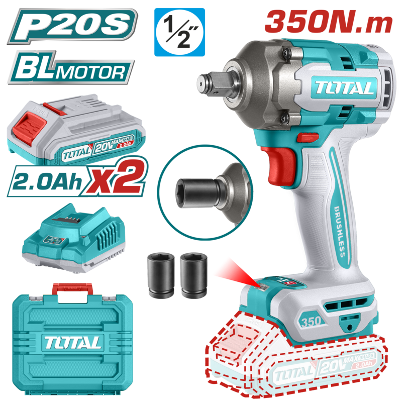 LLAVE DE IMPACTO A BATERIA 20V 350NM BL-2BAT/CAR-TIWLI2035-TOTAL-6923736766887
