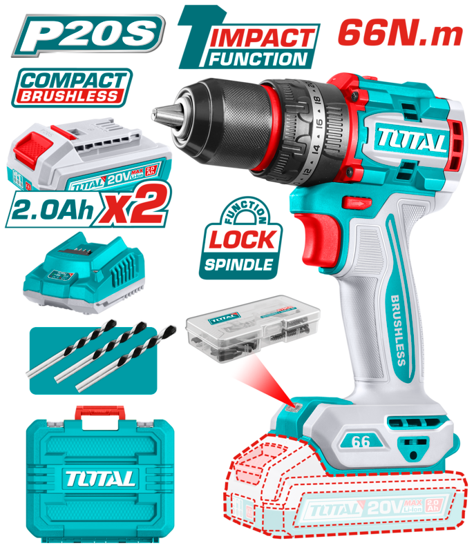 TALADRO DE IMPACTO A BATERÍA 20V 66NM (COMPACTO) BL - 2BAT/CAR - TIDLI20668 - INDUSTRIAL - TOTAL - 6923736766269